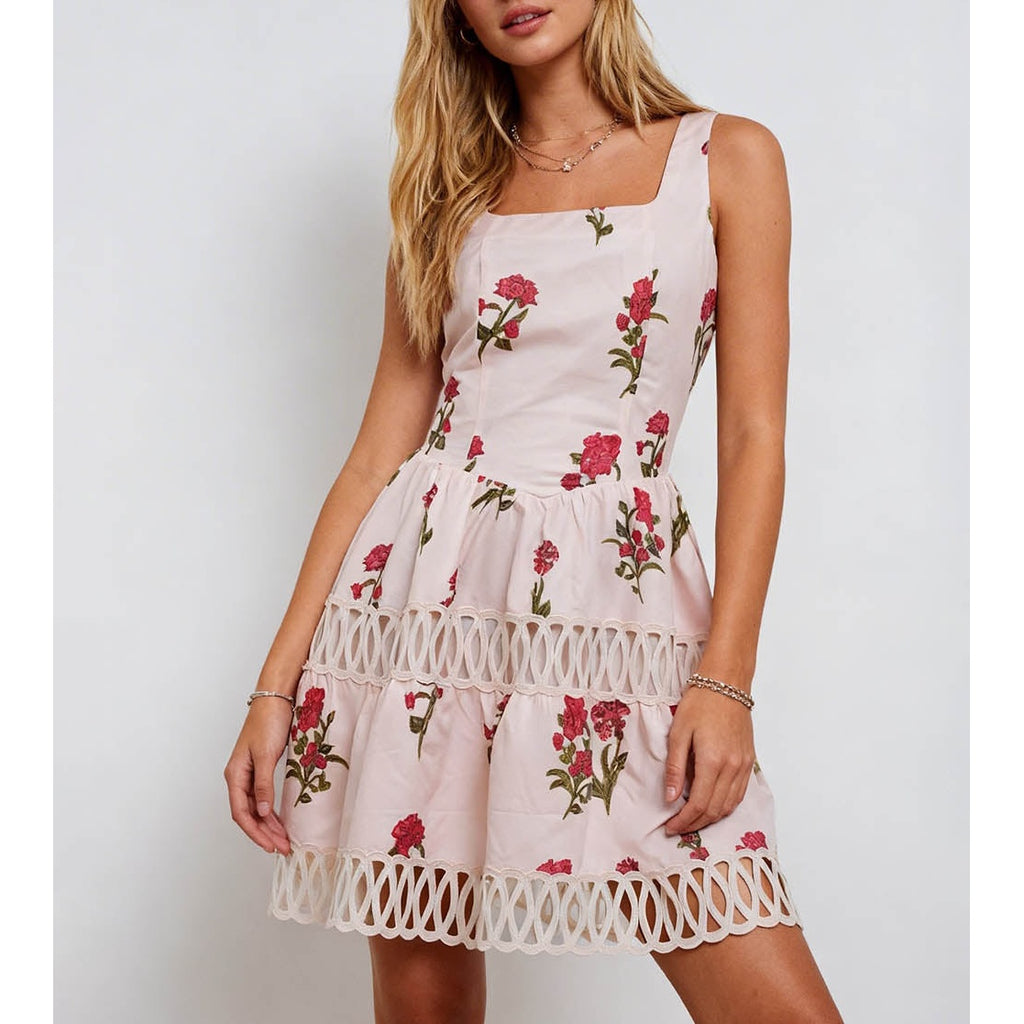 Romantic Lace Trim Square Neck Mini Dress