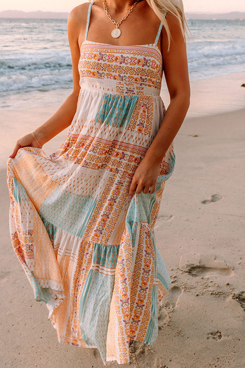 Maxi Boho Patchwork Print Square Neck Sundress