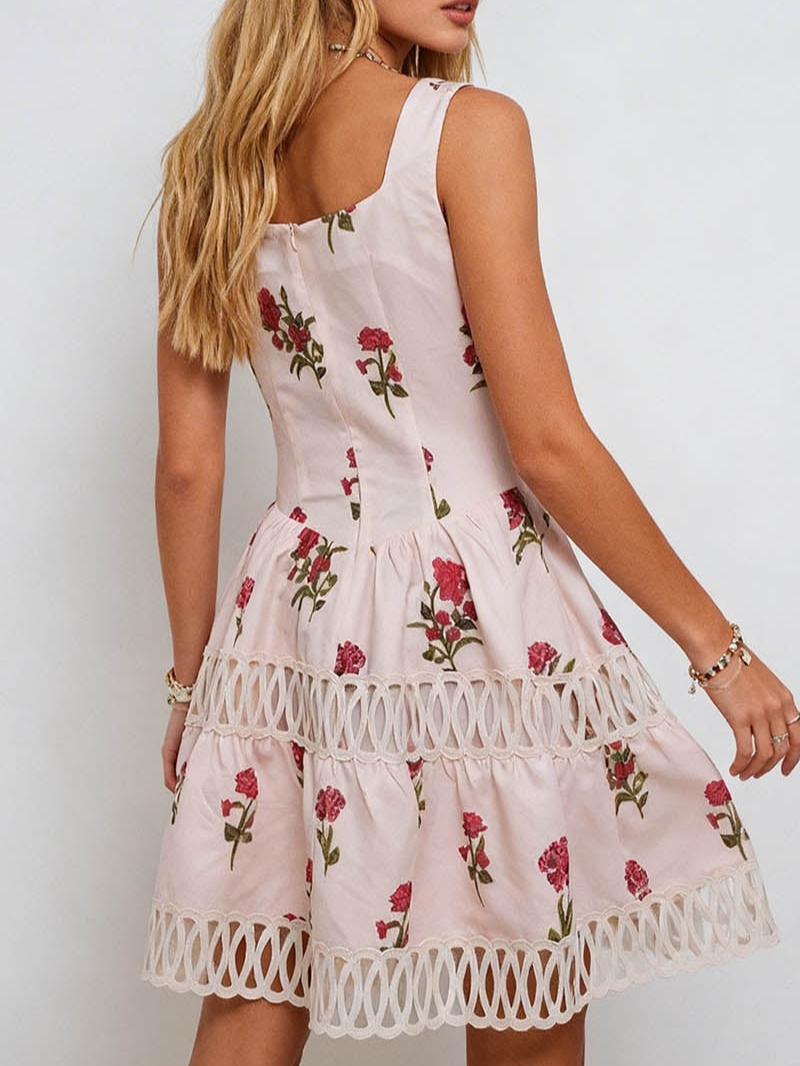 Romantic Lace Trim Square Neck Mini Dress