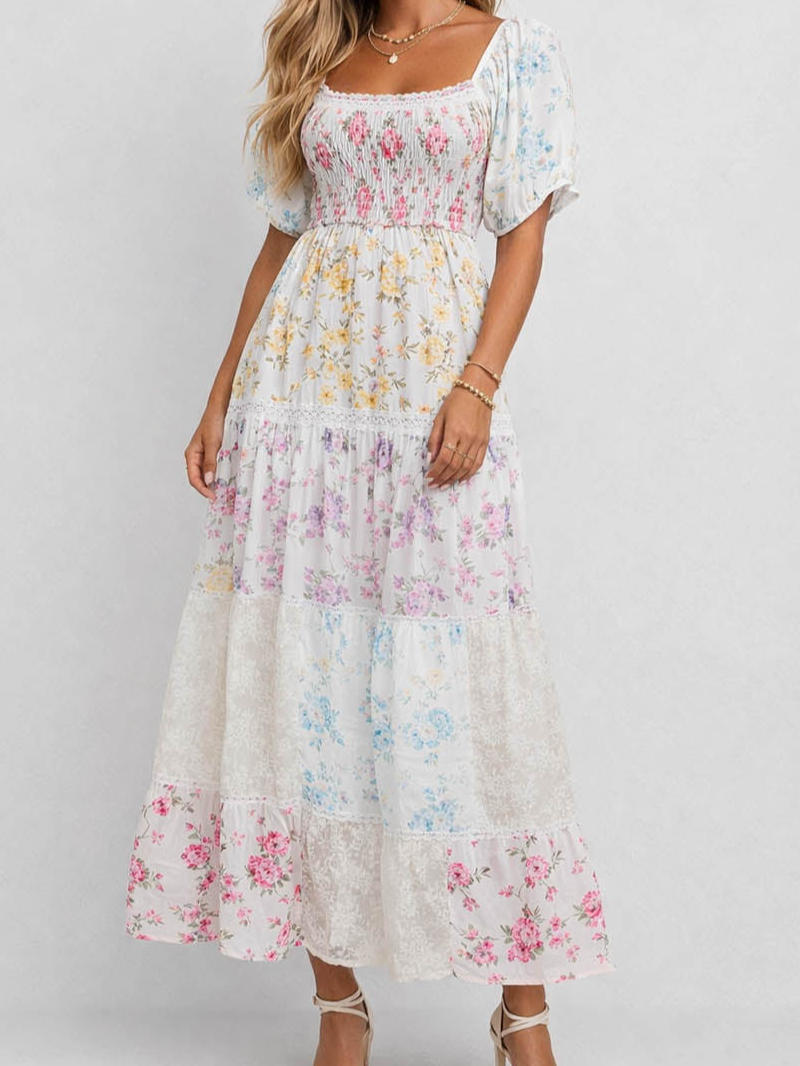 Boho Square Neck Puff Sleeves Maxi Dress