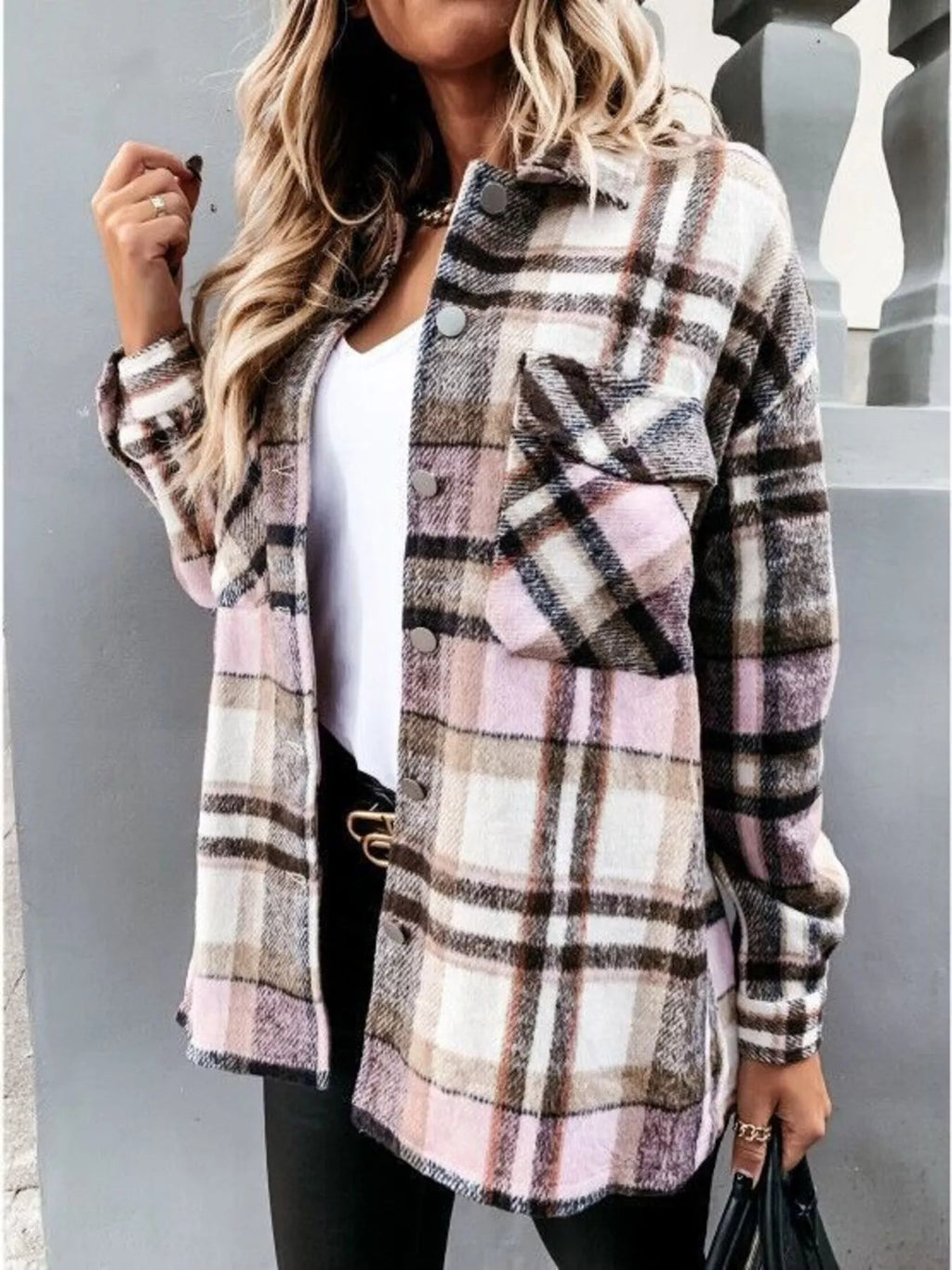 Plaid Button Down Long Sleeve Shacket Jacket
