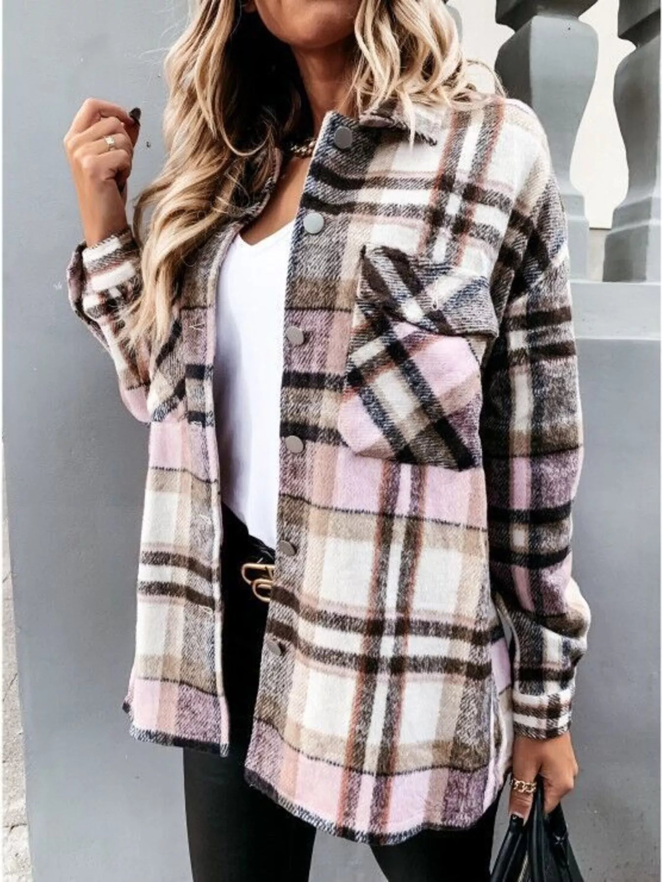 Plaid Button Down Long Sleeve Shacket Jacket