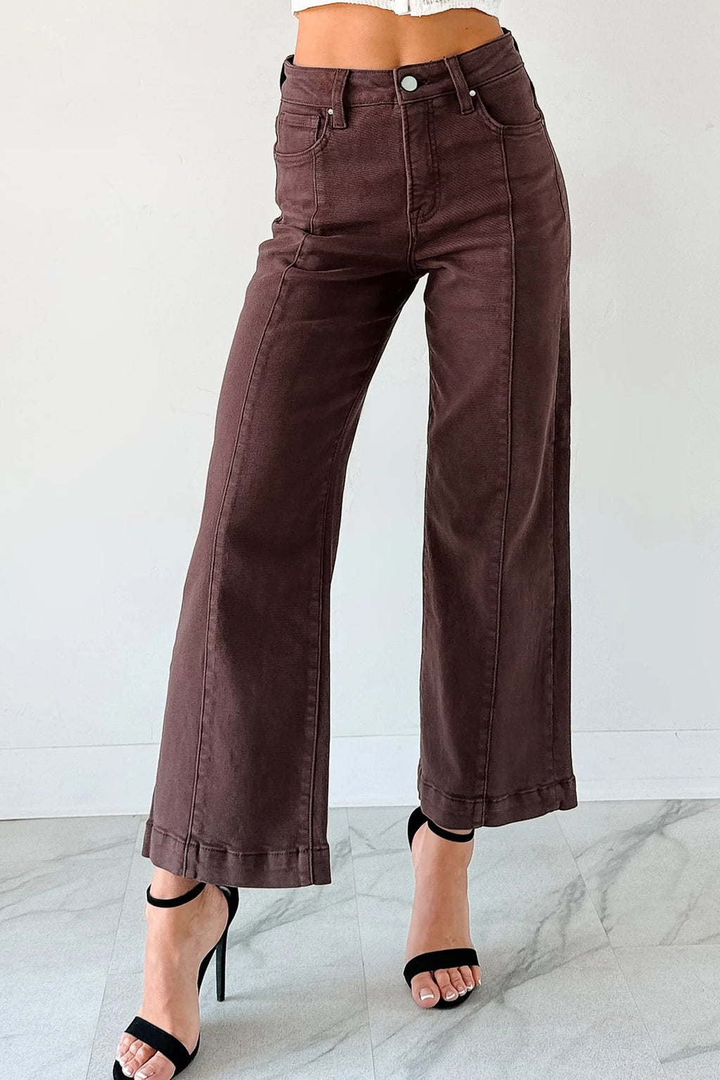 Wide Leg Cropped Sandalwood Solid Seamed Jeans