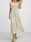 Ruffle Sleeves Lace Trim Square Neck Button Front Midi Dress