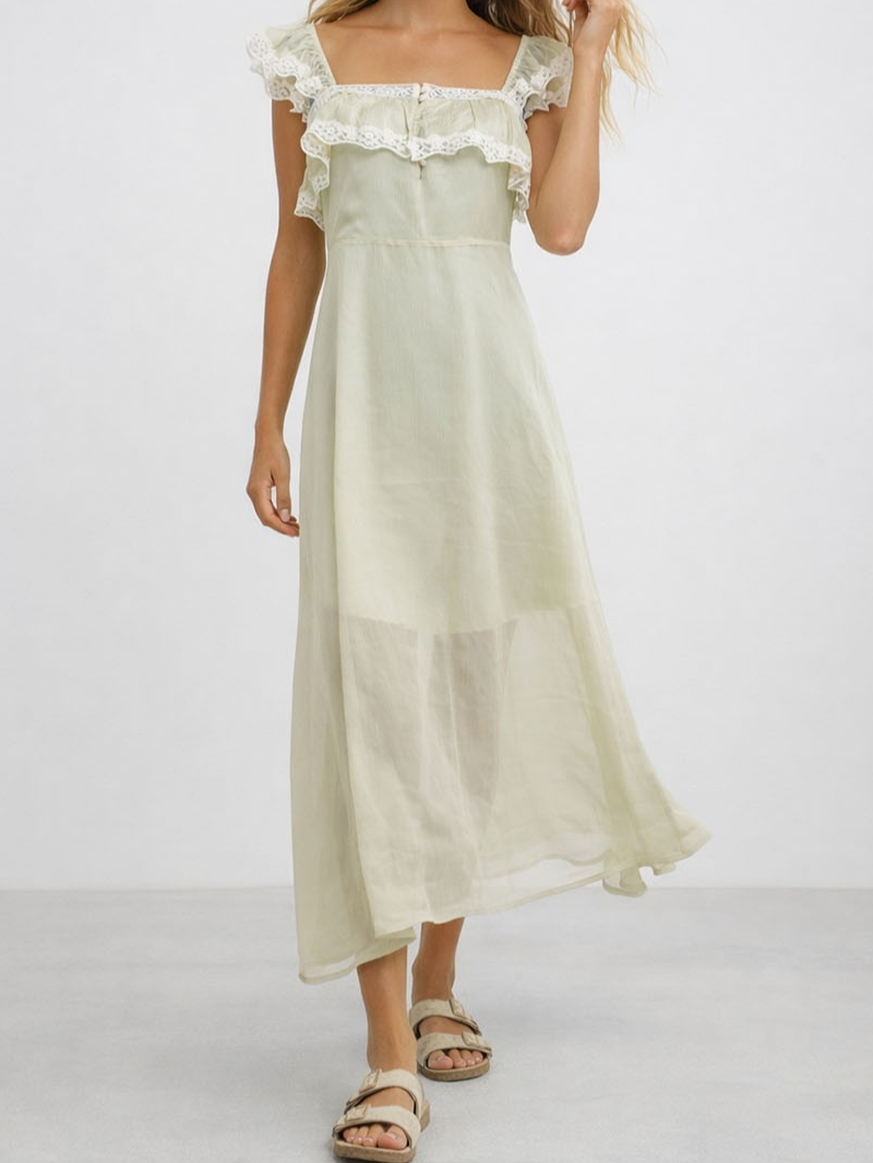 Ruffle Sleeves Lace Trim Square Neck Button Front Midi Dress