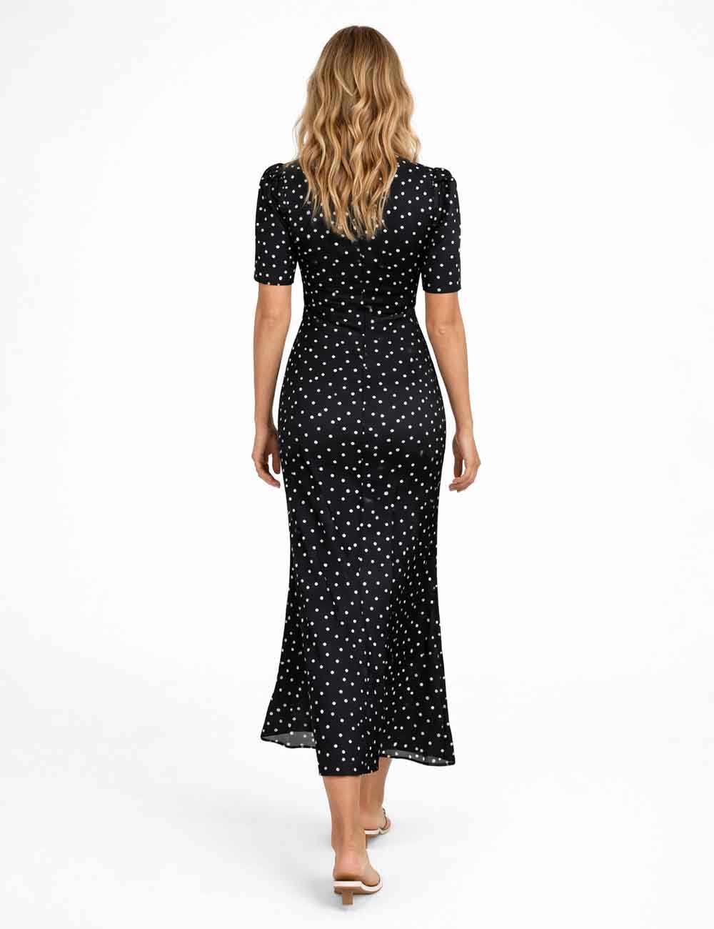 Chic Polka Dot Lace Trim V Neck Short Sleeves Maxi Dress