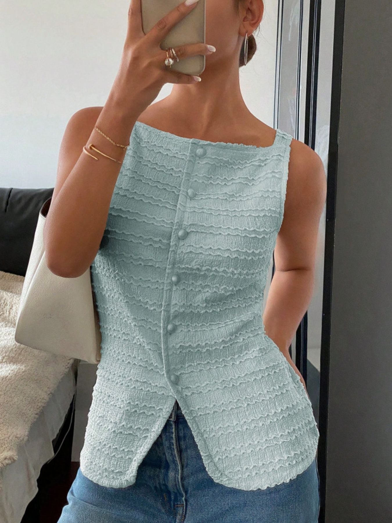 Textured Button Front Tank