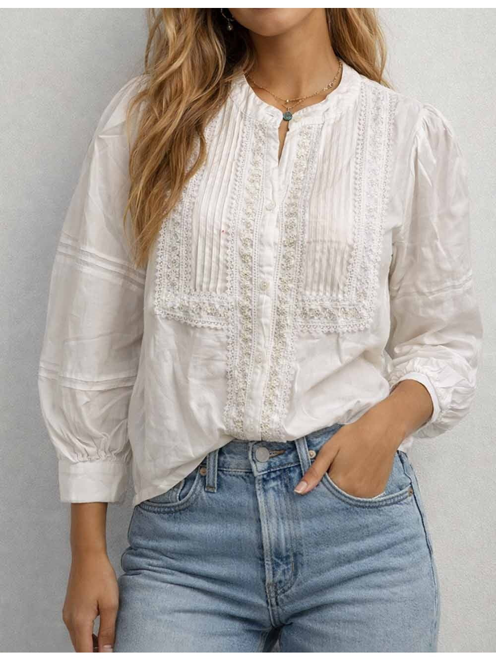 Boho Lace Embroidery Long Sleeves Blouse