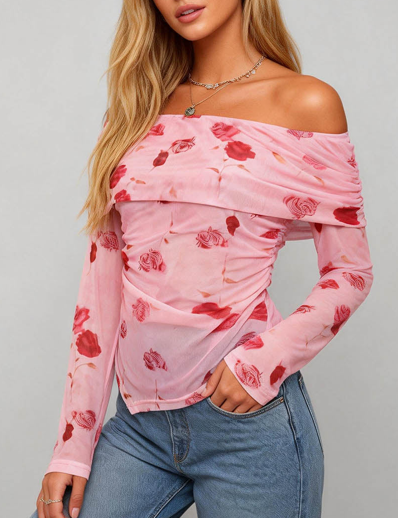 Off Shoulder Ruched Sheer Mesh Top