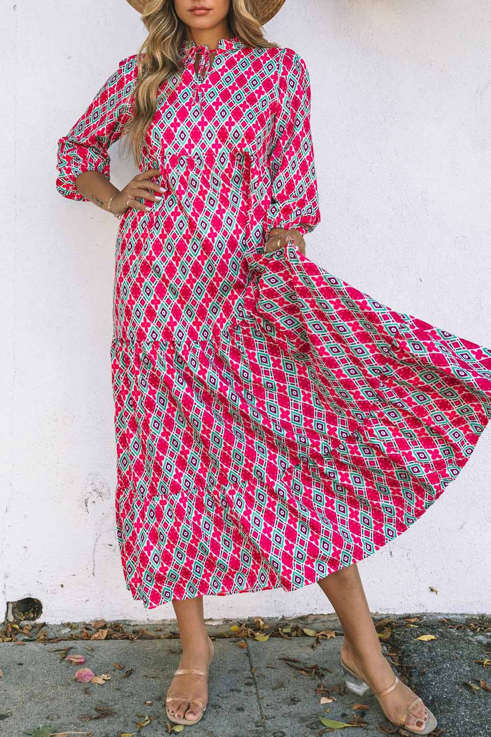 Maxi Bohemian Geometry Print Puff Sleeve Dress