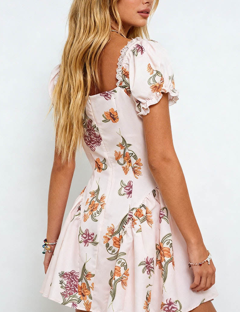 Romantic Square Neck Puff Sleeves Mini Dress