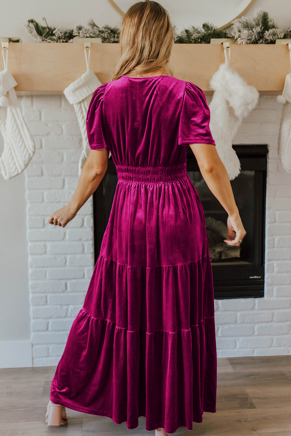 Dahlia Velvet Short Sleeve Shirred Waist Tiered Maxi Dress