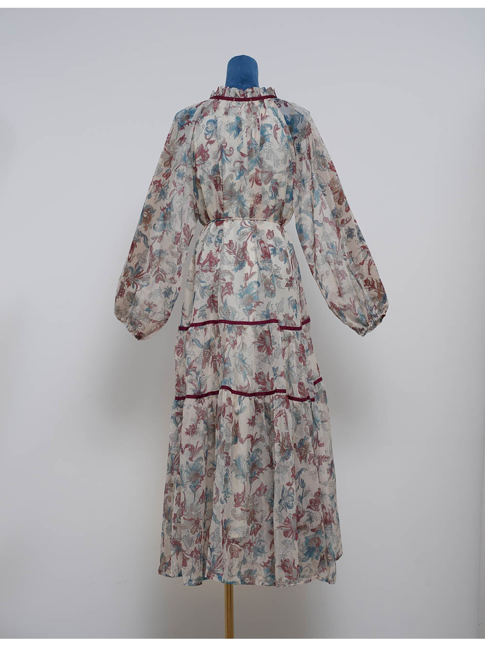 Boho Ruffle Neck Lantern Sleeves Midi Dress