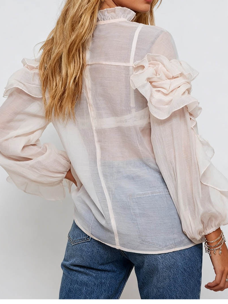 Chic D Irregular Ruffle Sheer Stand Neck Blouse