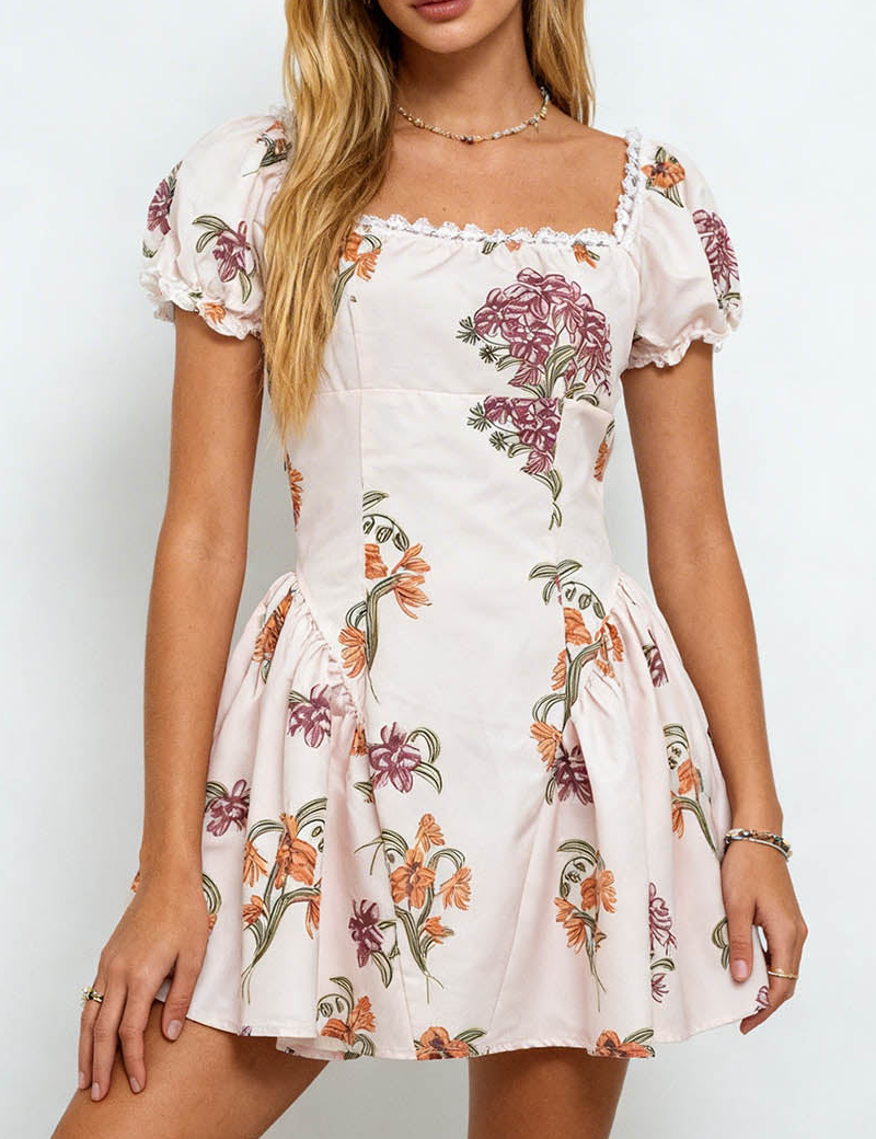 Romantic Square Neck Puff Sleeves Mini Dress