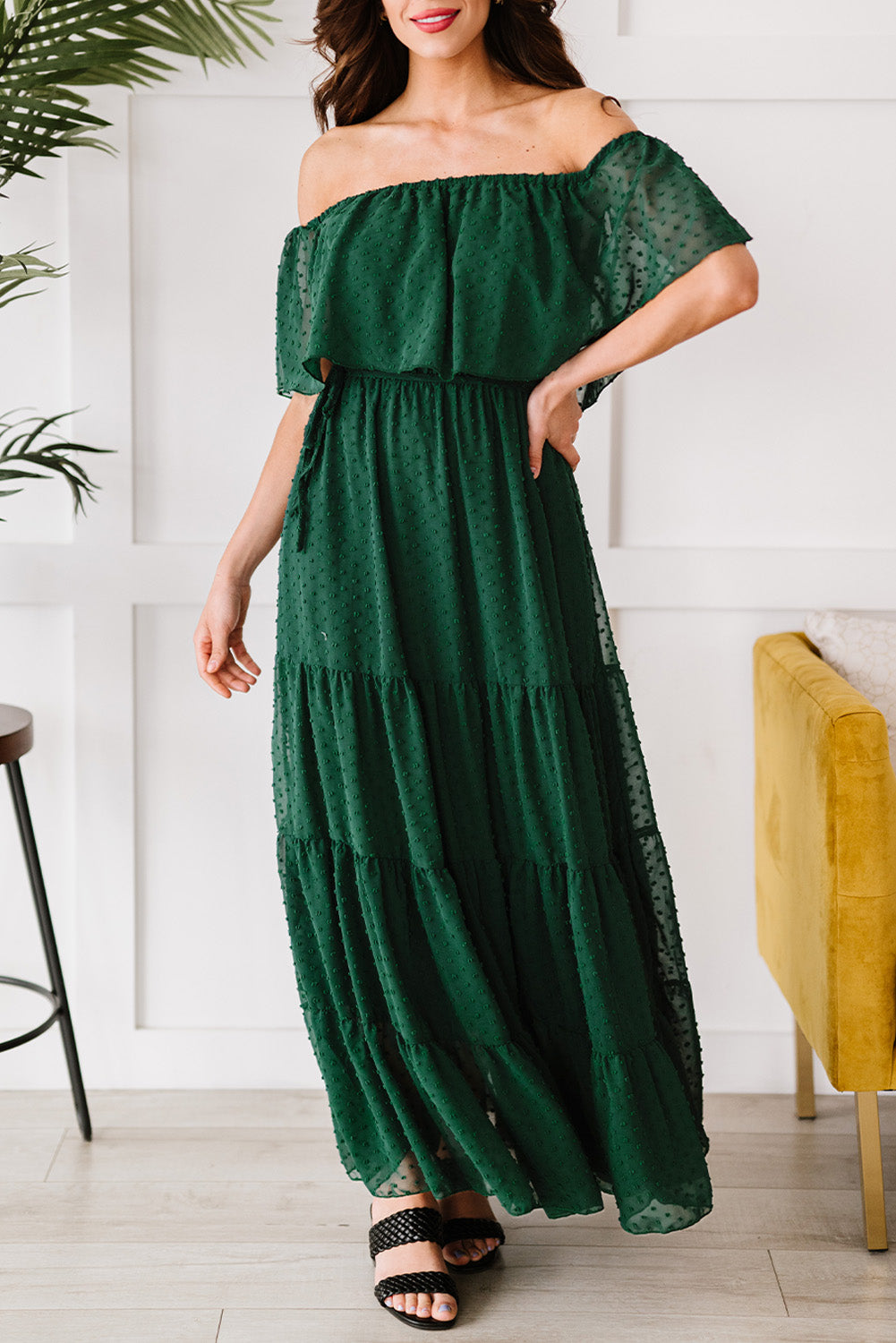 Off Shoulder Ruffle Swiss Dot Maxi Dress