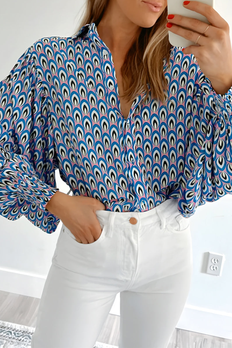 Abstract Print Shirred Puff Sleeve Shirt Blouse