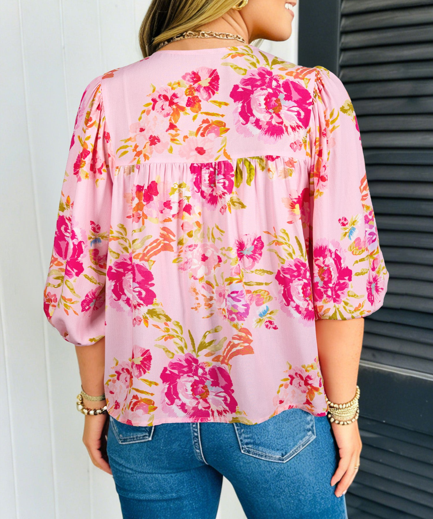 Pink Floral Print Tie Neck Puffy Half Sleeve Blouse