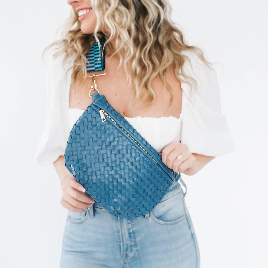 Woven Faux Leather Zip Crossbody Bag