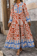 Boho Geometric Printed Long Sleeve Maxi Dress