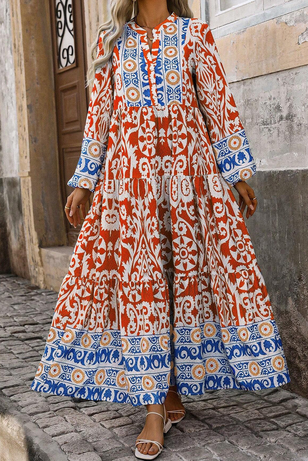 Boho Geometric Printed Long Sleeve Maxi Dress