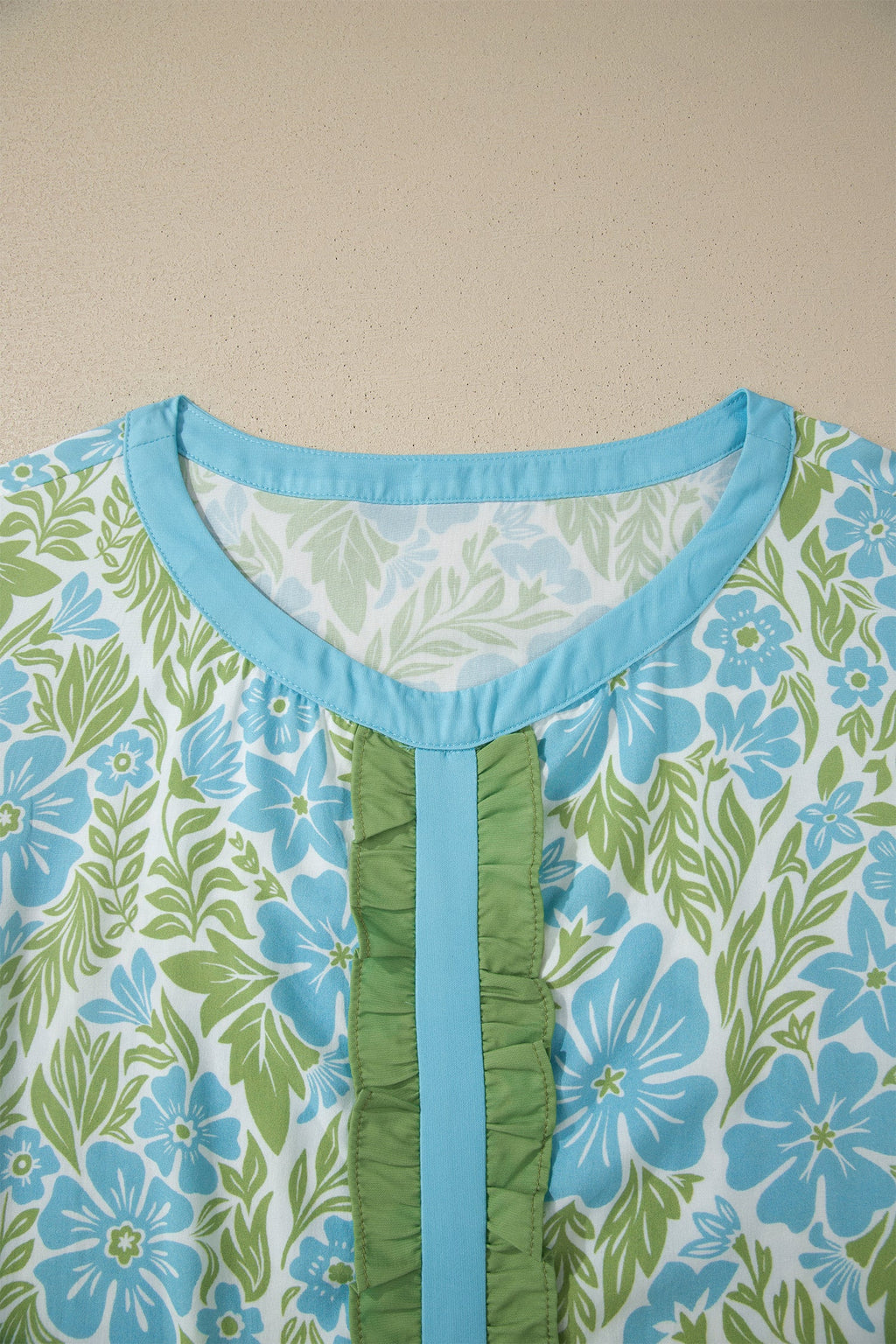 Sky Blue Floral Print Ruffled Color Block Trim Half Sleeve Blouse