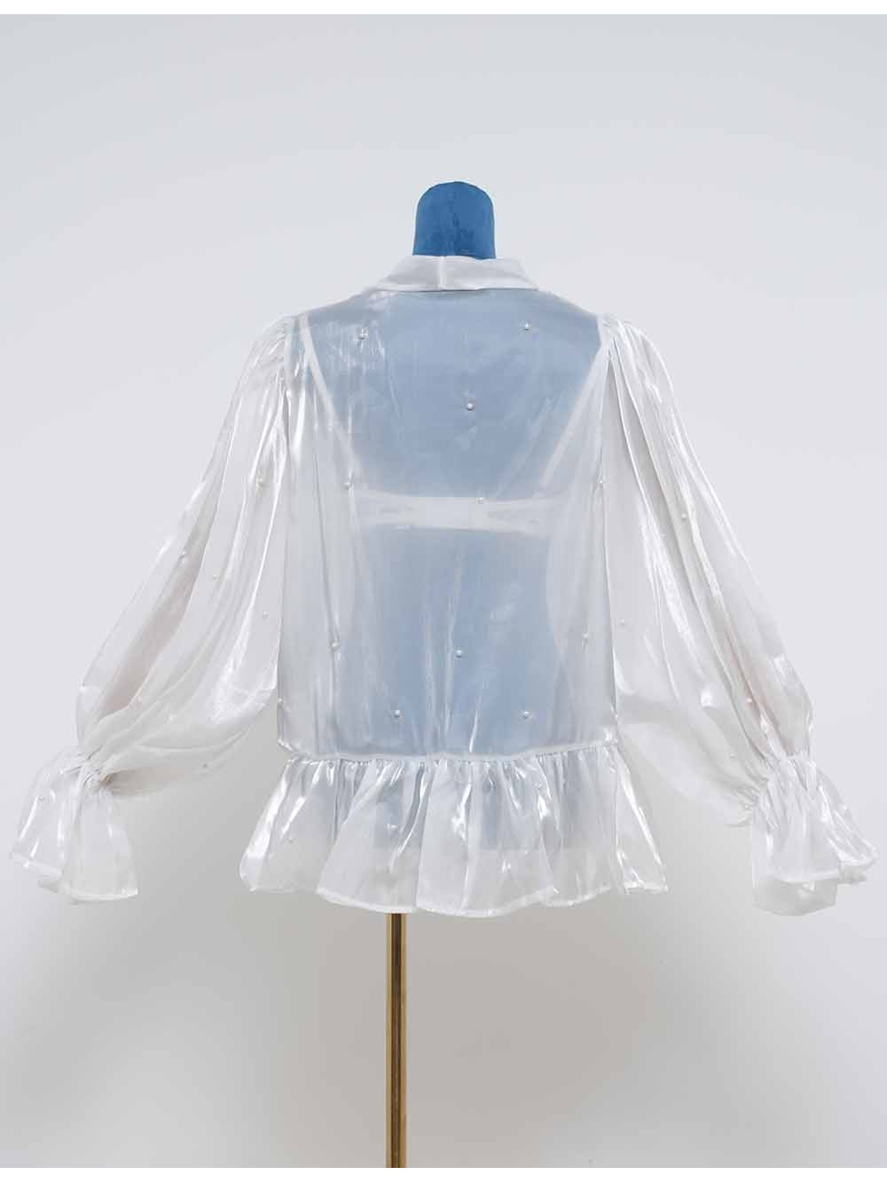 Chic Faux Pearl Bow Sheer Flared Sleeves Blouse
