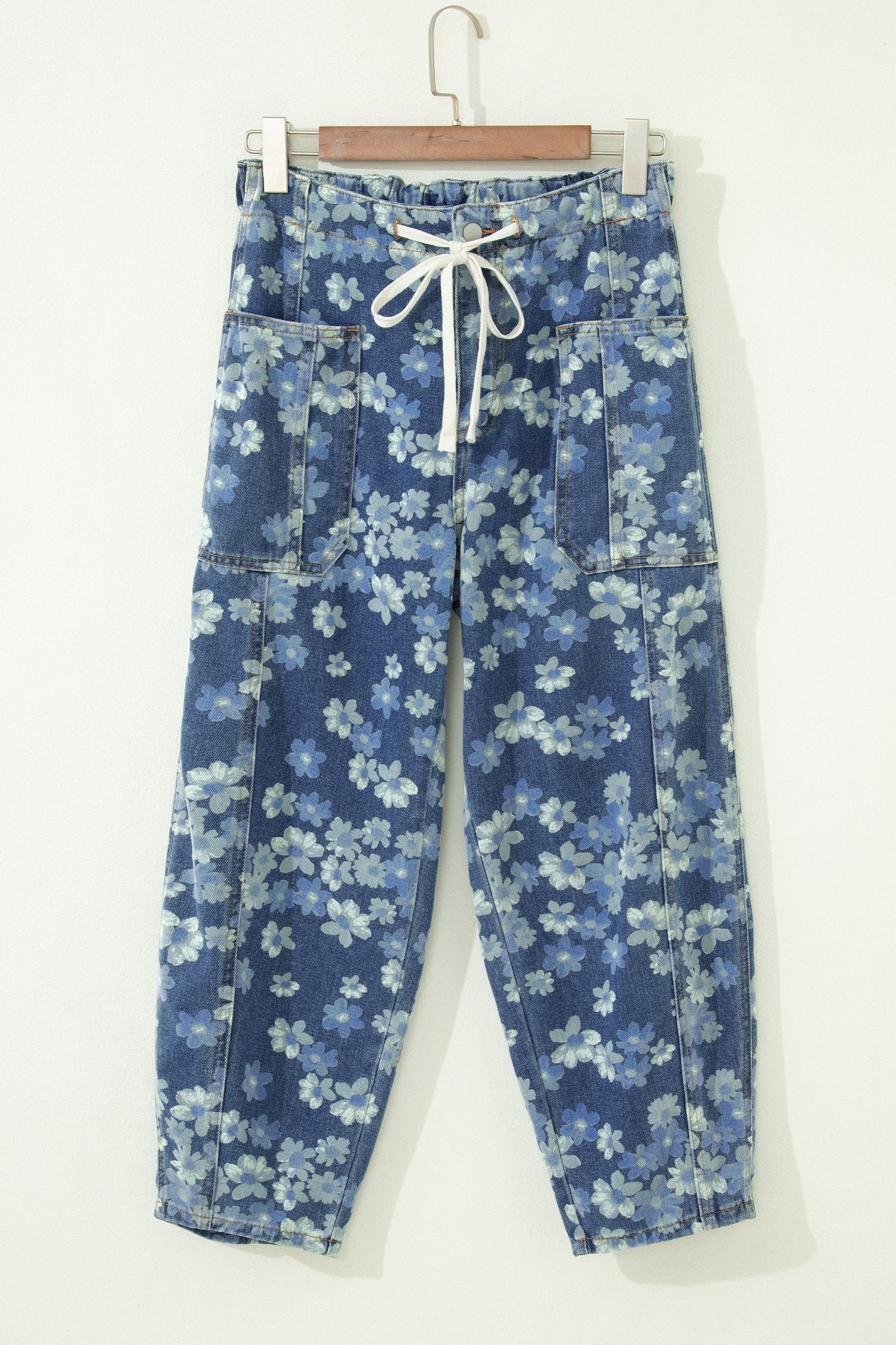 Barrel Drawstring Floral Print Dainty Printed Jeans