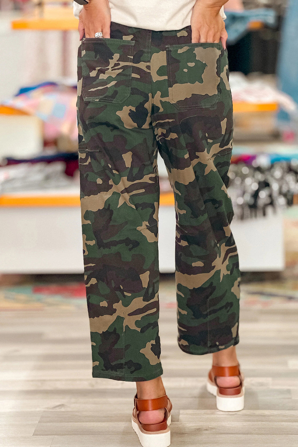 Barrel Drawstring Patch Pocket Print Camouflage Jeans