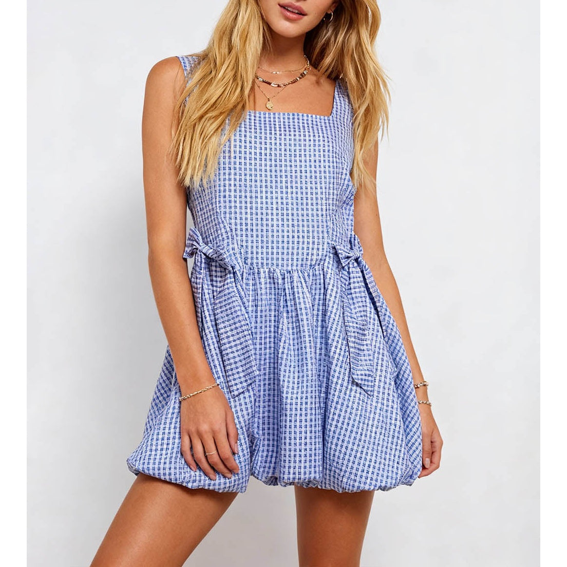 Bow Square Neck Bubble Hem Mini Dress
