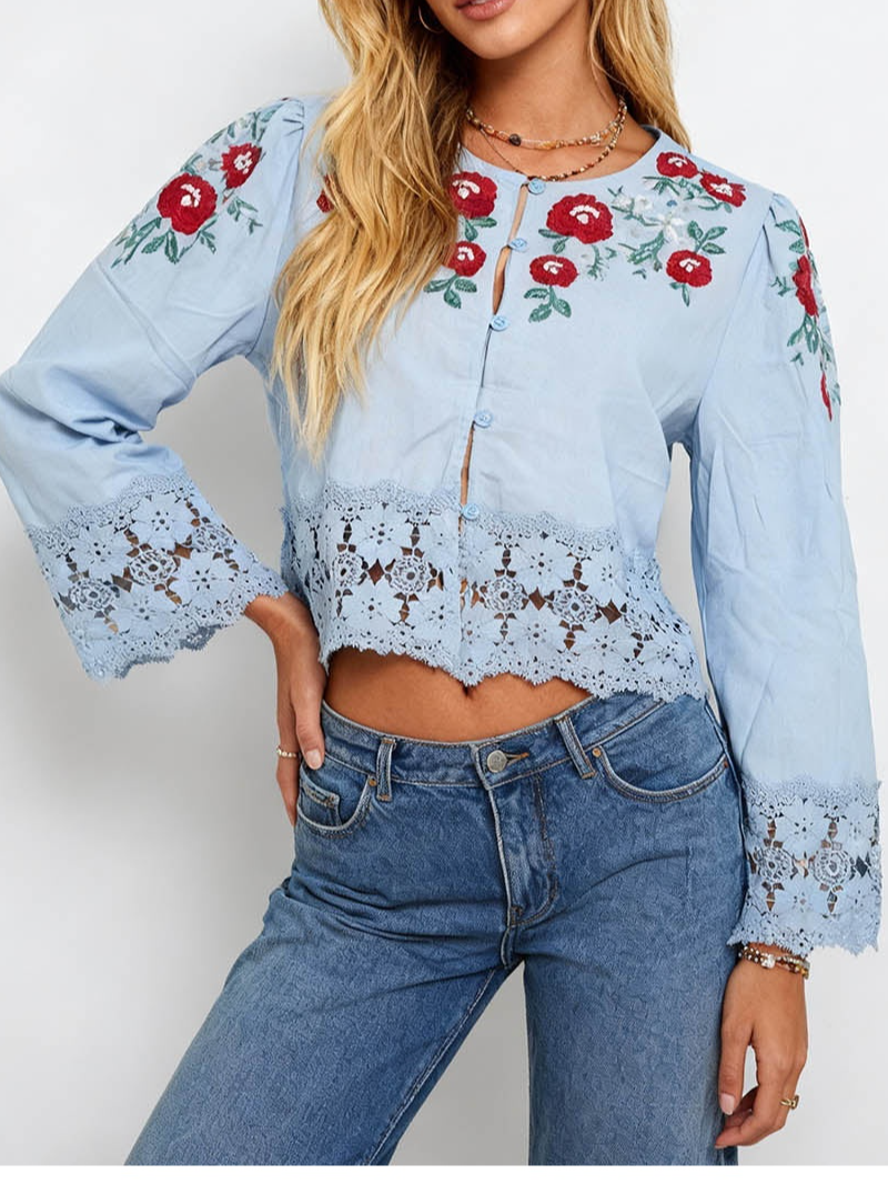 Boho Embroidery Lace Hem Blouse