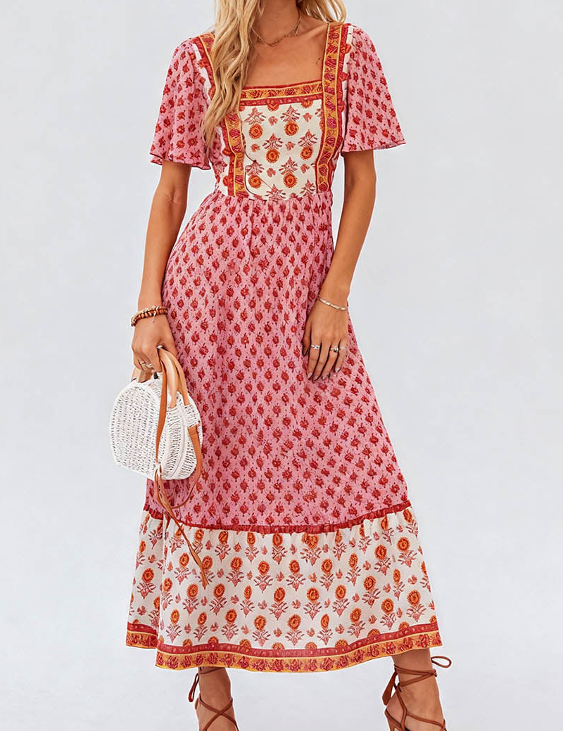Boho Square Neck Short Sleeves Maxi Dress