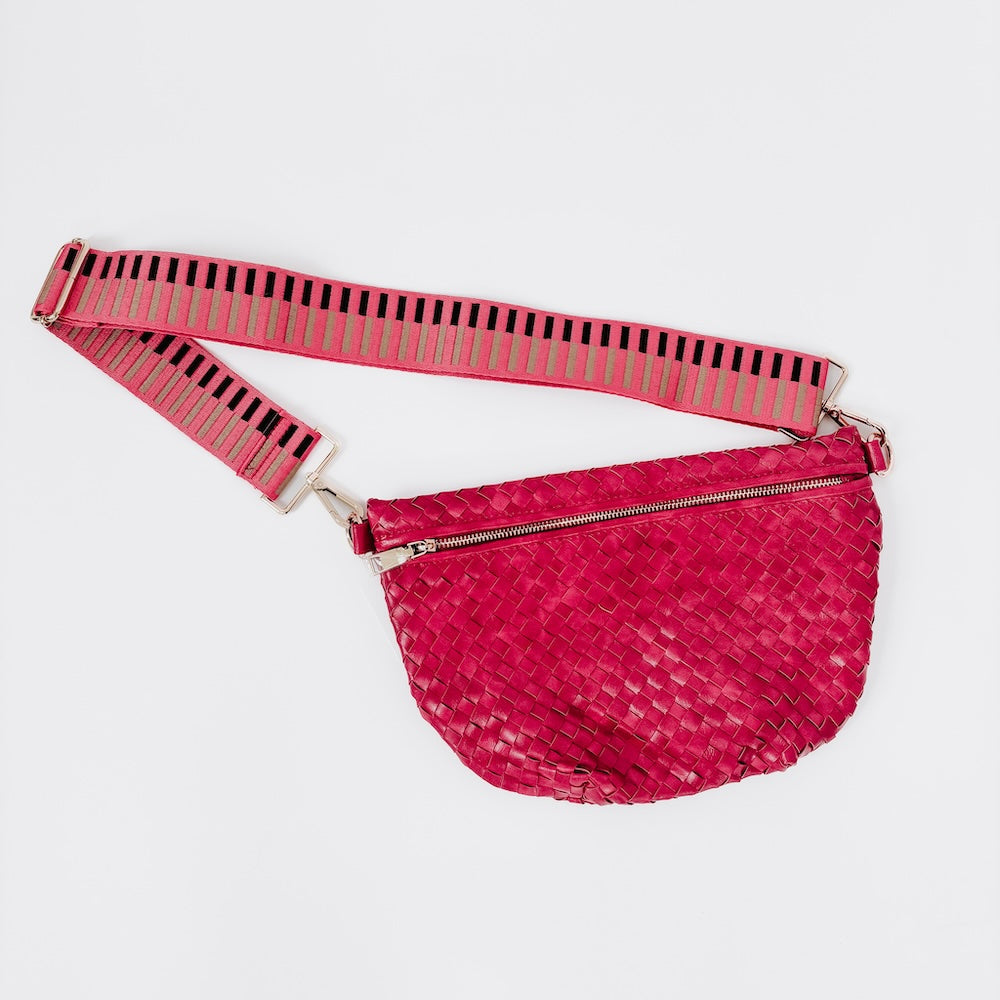 Woven Faux Leather Zip Crossbody Bag