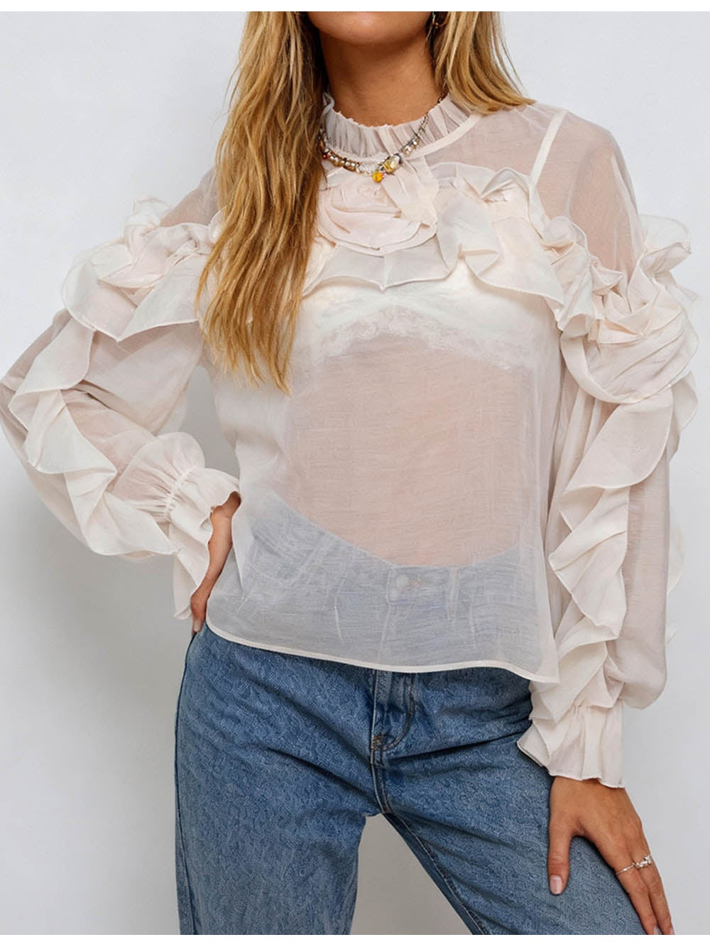 Chic D Irregular Ruffle Sheer Stand Neck Blouse