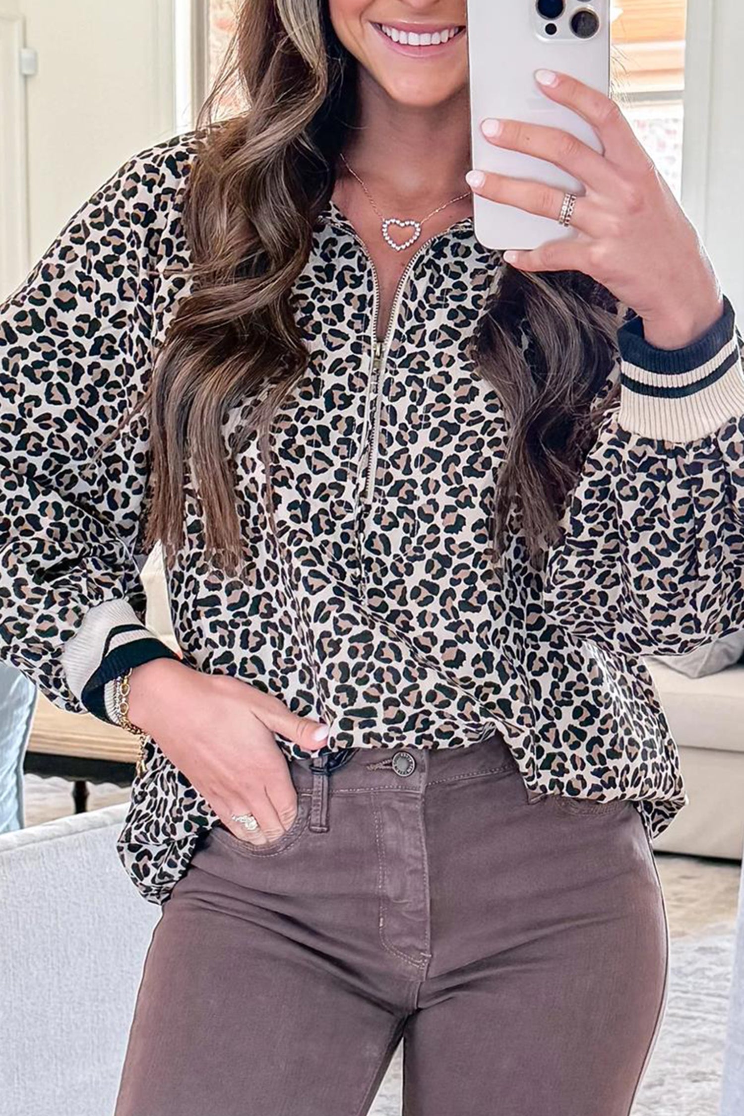 Khaki Leopard Print Half Zip Up Blouse