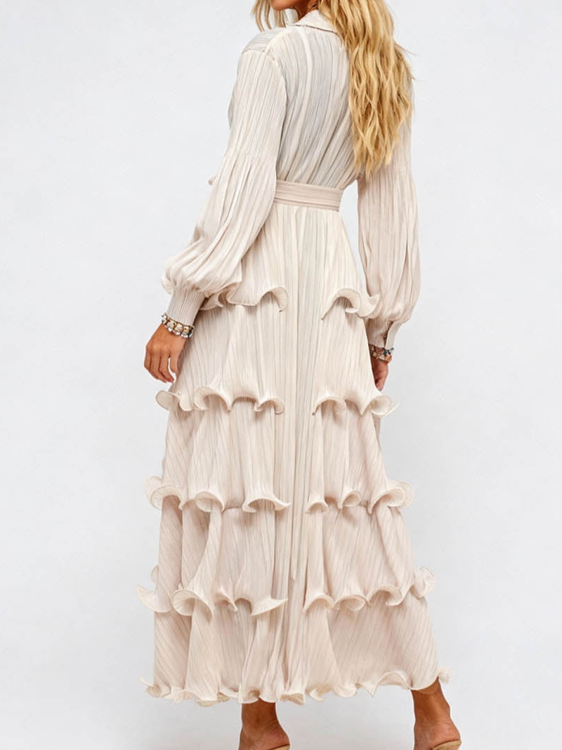 Pleated Ruffle Trim Lantern Sleeves Belted Maxi Dress
