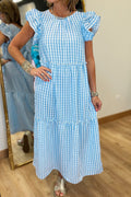 Sky Knot Back Ruffled Short Sleeve Gingham Maxi Dress