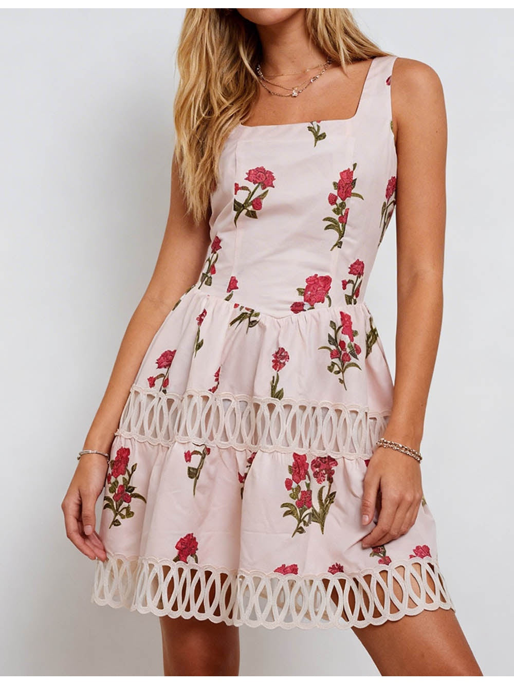 Romantic Lace Trim Square Neck Mini Dress