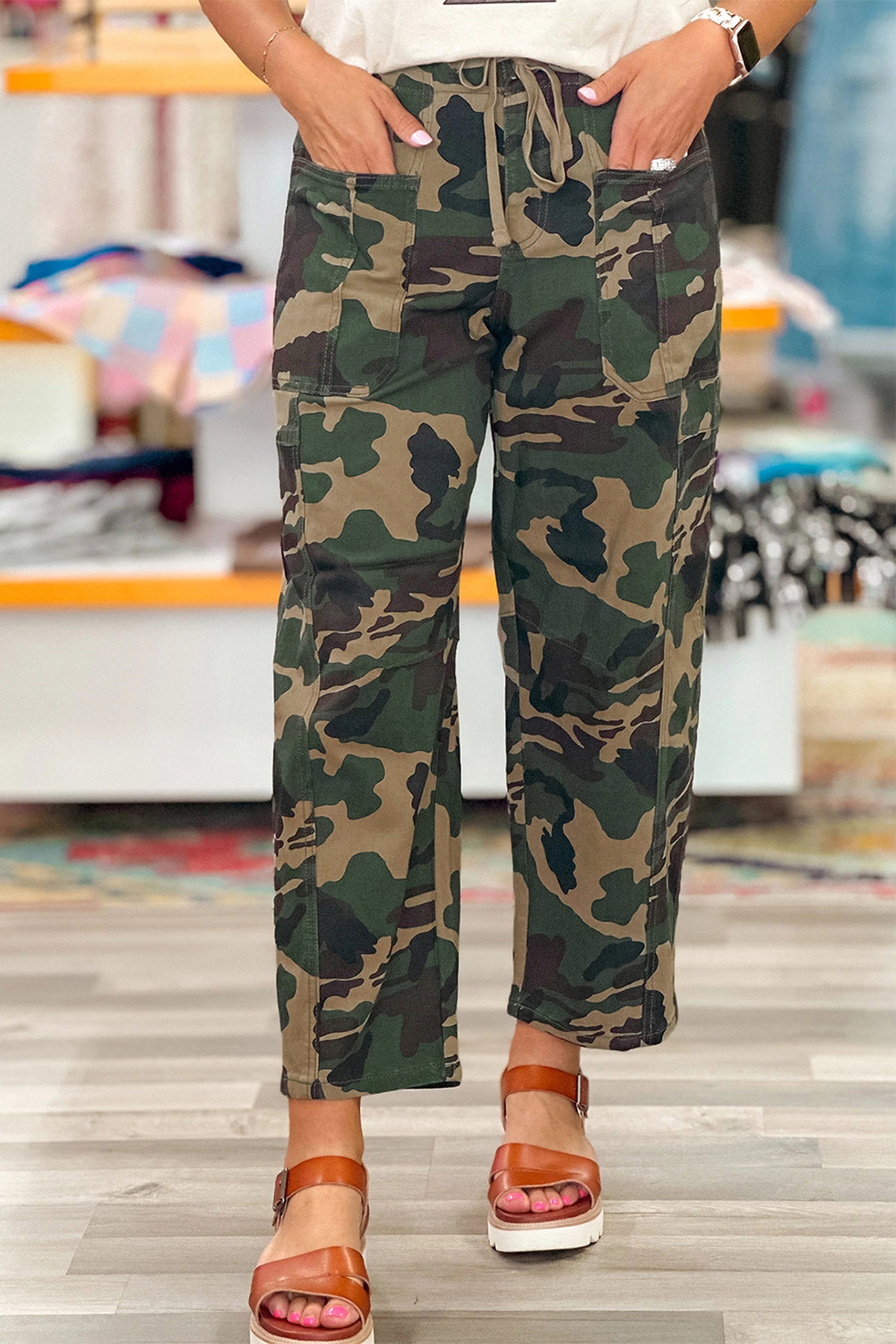 Barrel Drawstring Patch Pocket Print Camouflage Jeans
