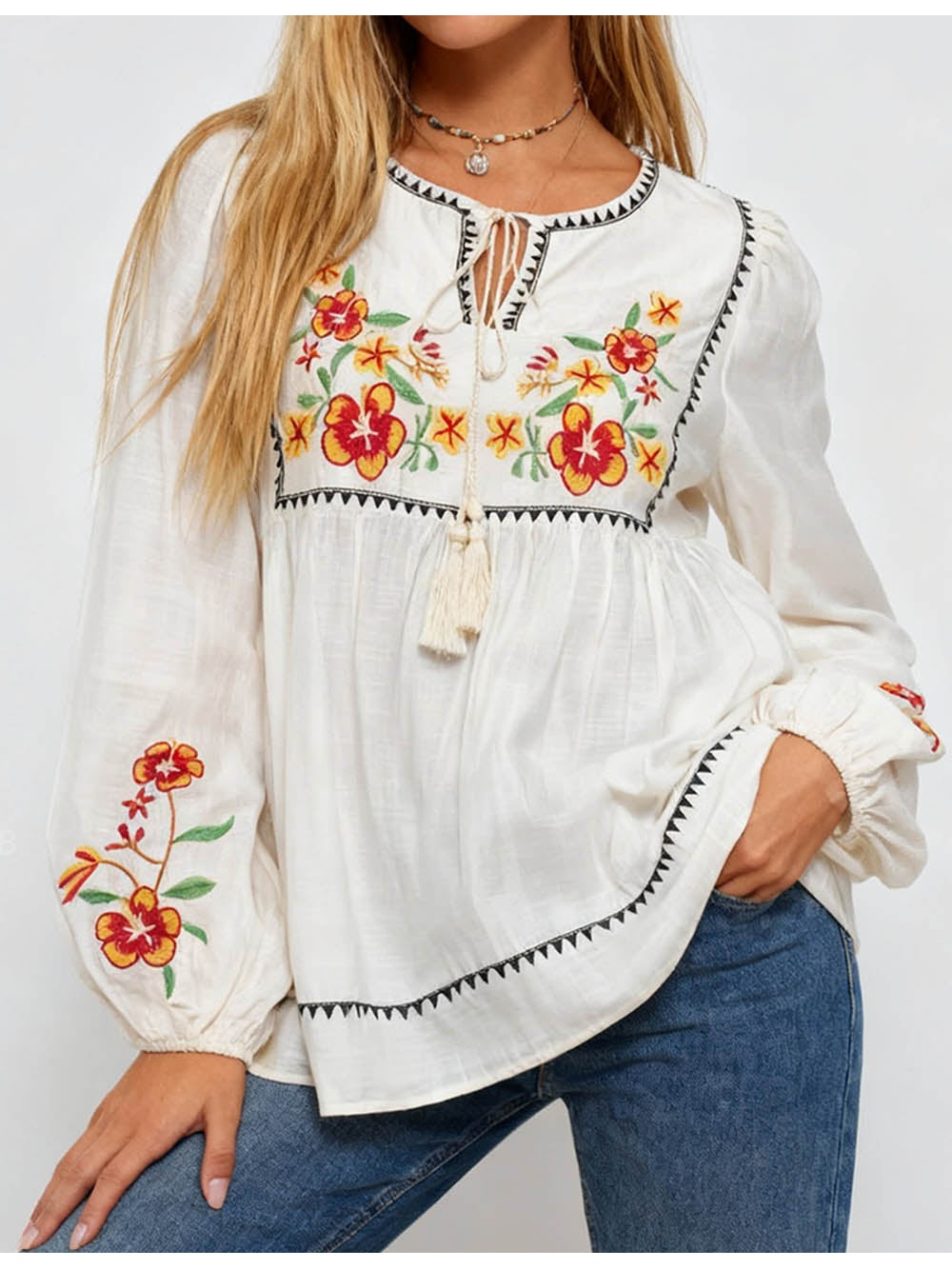 Boho Embroidery Front Babydoll Blouse
