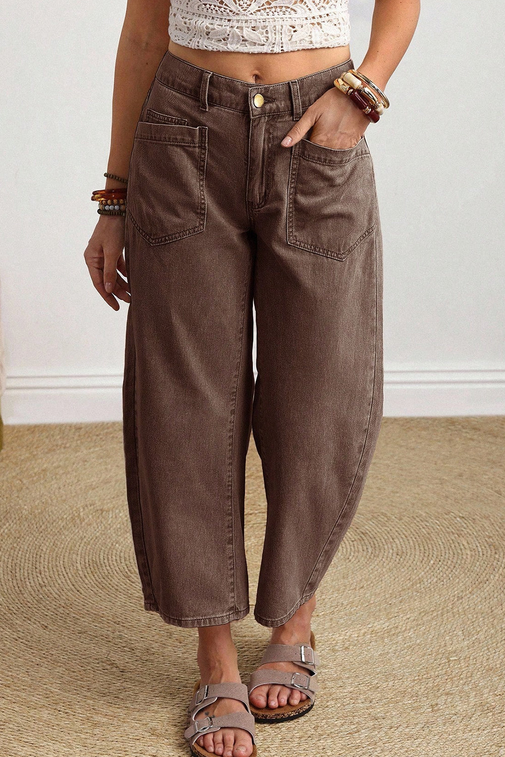 Barrel Patch Pocket Solid Square Ankle-length Jeans