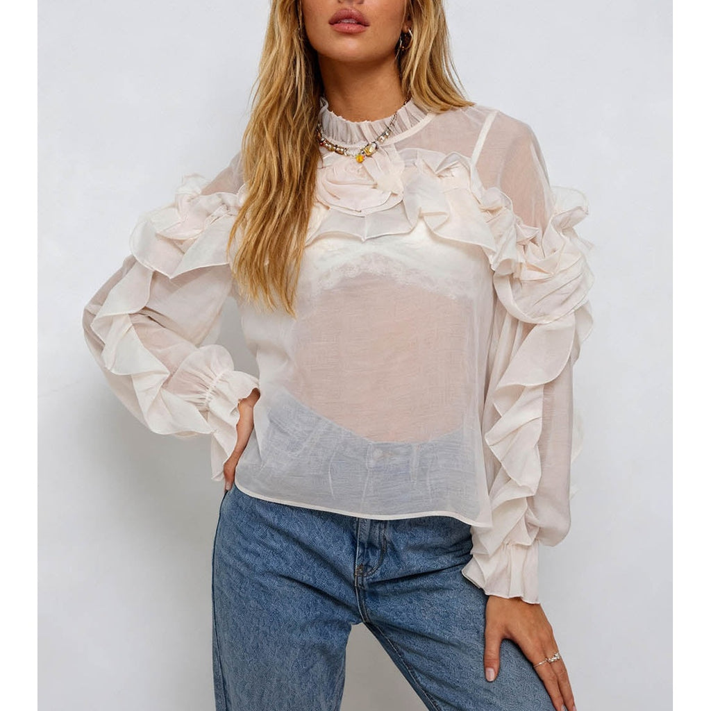 Chic D Irregular Ruffle Sheer Stand Neck Blouse