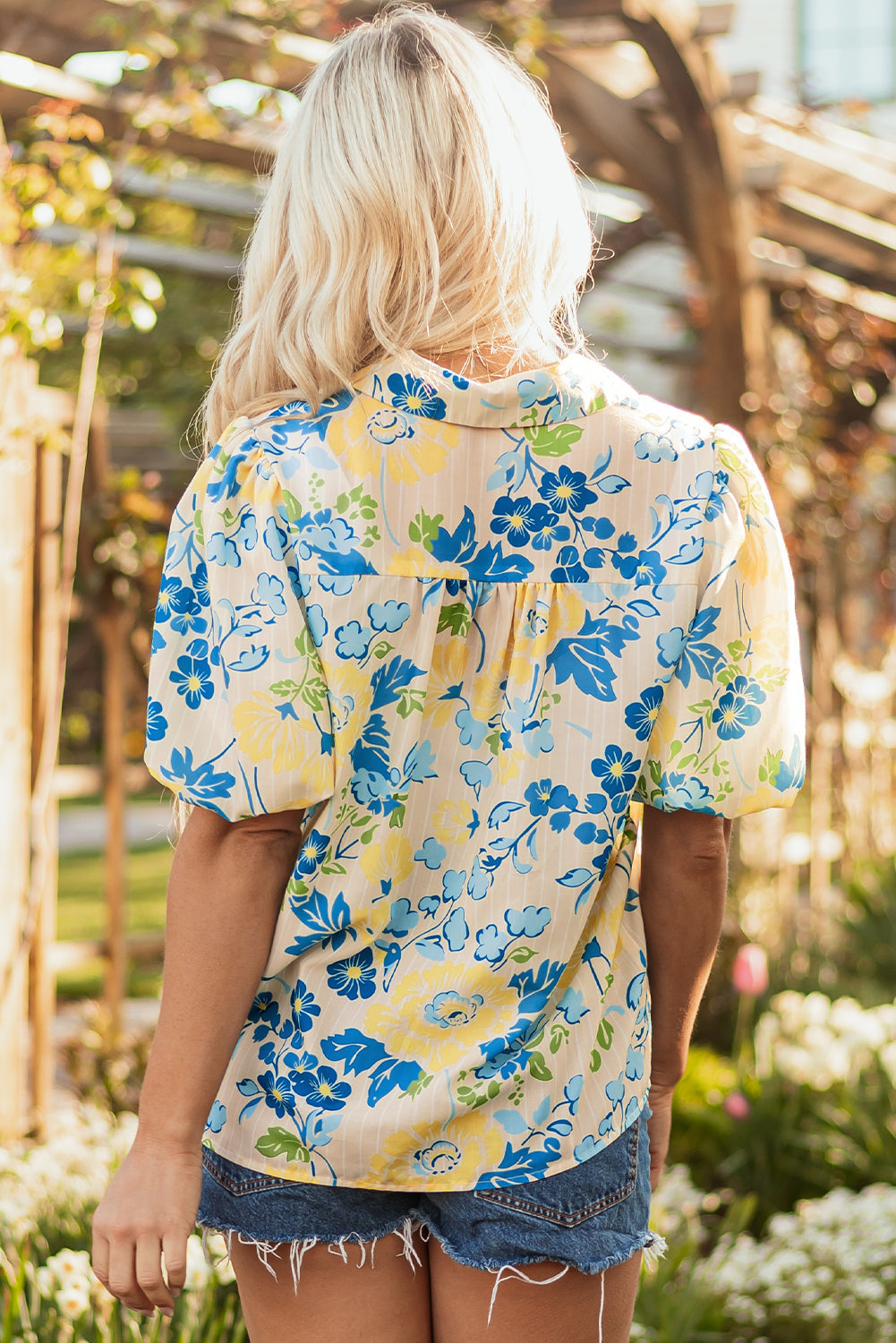 Blue Floral Striped Mixed Print Puff Short Sleeve Blouse