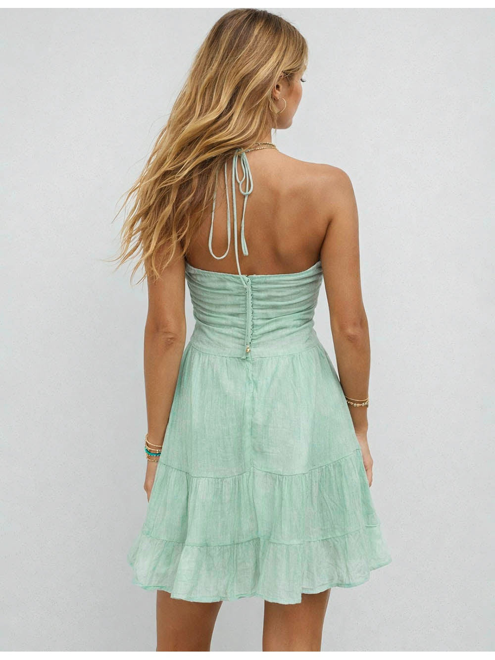 Halter V Neck Back Ruched Tiered Hem Mini Dress