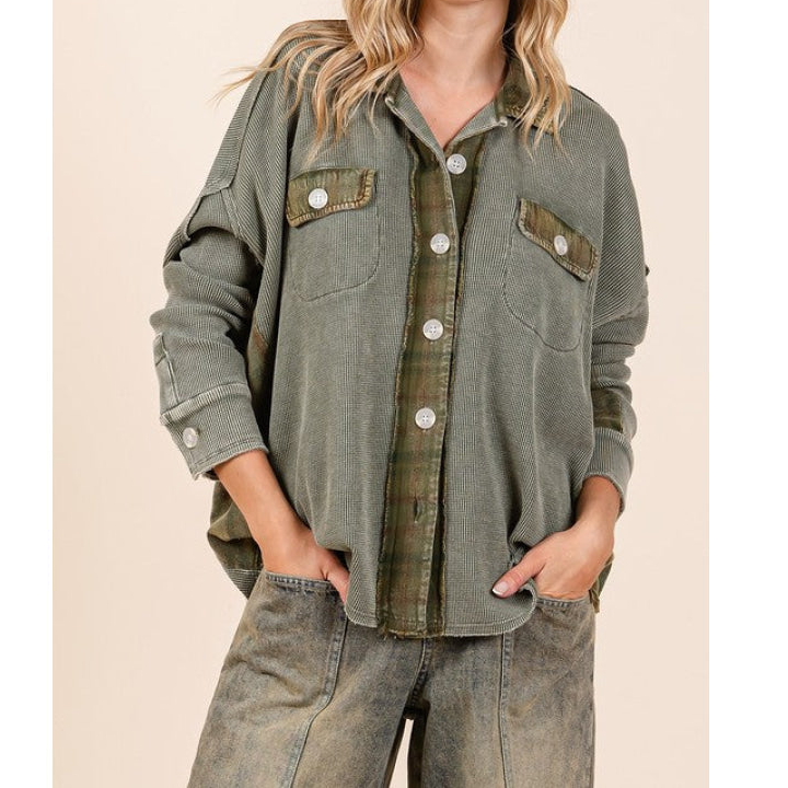 Mineral Washed Plaid Button Down Shacket Jacket