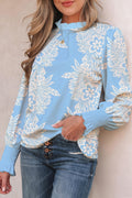 Sky Blue Ruffled Collar Puff Sleeve Flower Blouse