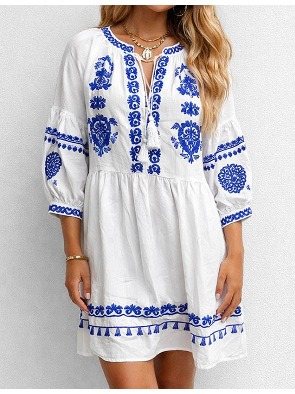 Boho Totem Embroidery Fringe Neck Mini Dress