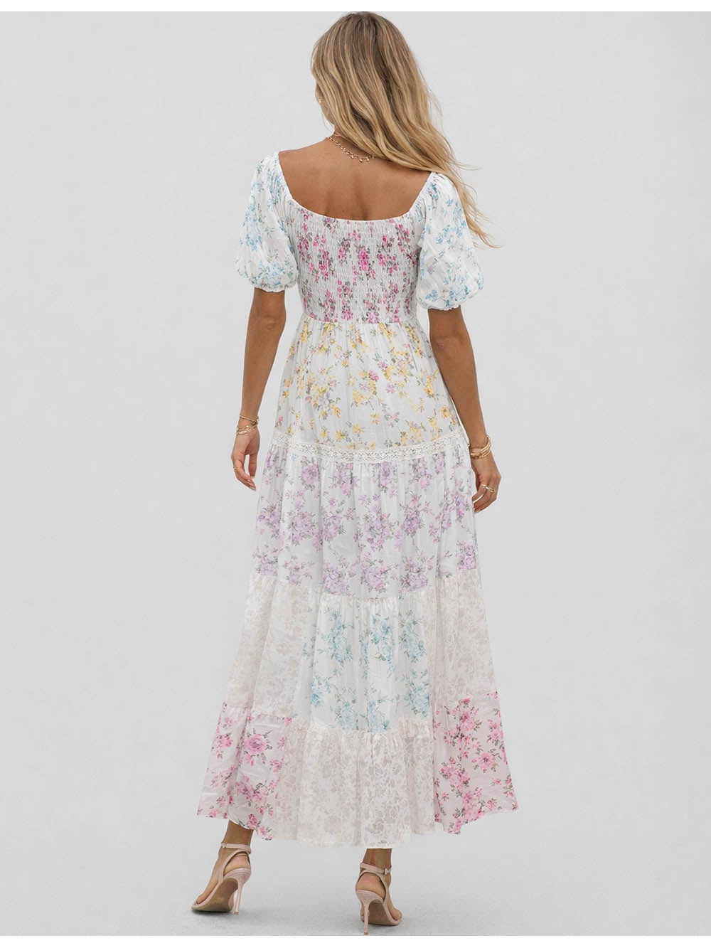 Boho Square Neck Puff Sleeves Maxi Dress