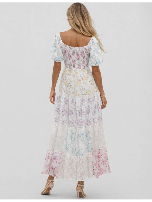 Boho Square Neck Puff Sleeves Maxi Dress