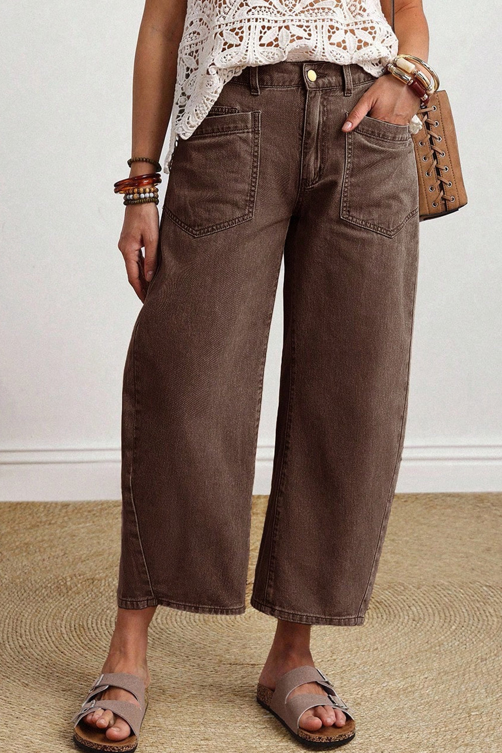 Barrel Patch Pocket Solid Square Ankle-length Jeans
